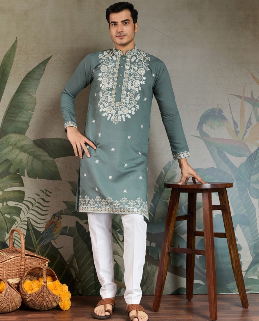 61323-green - Pista Green Thread & Sequence Hand Embroidered Men’s Kurta Set